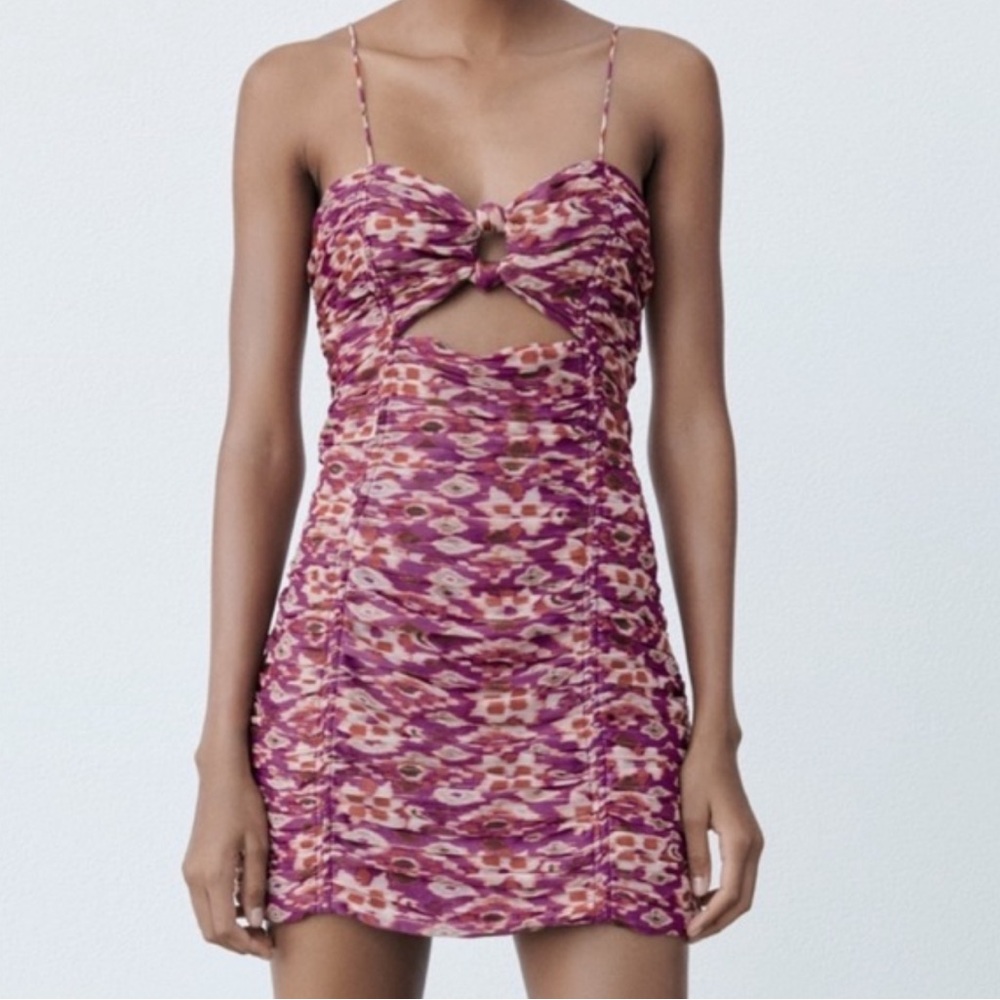 Zara Multicolor Mini Dress Ruched Cut Out front